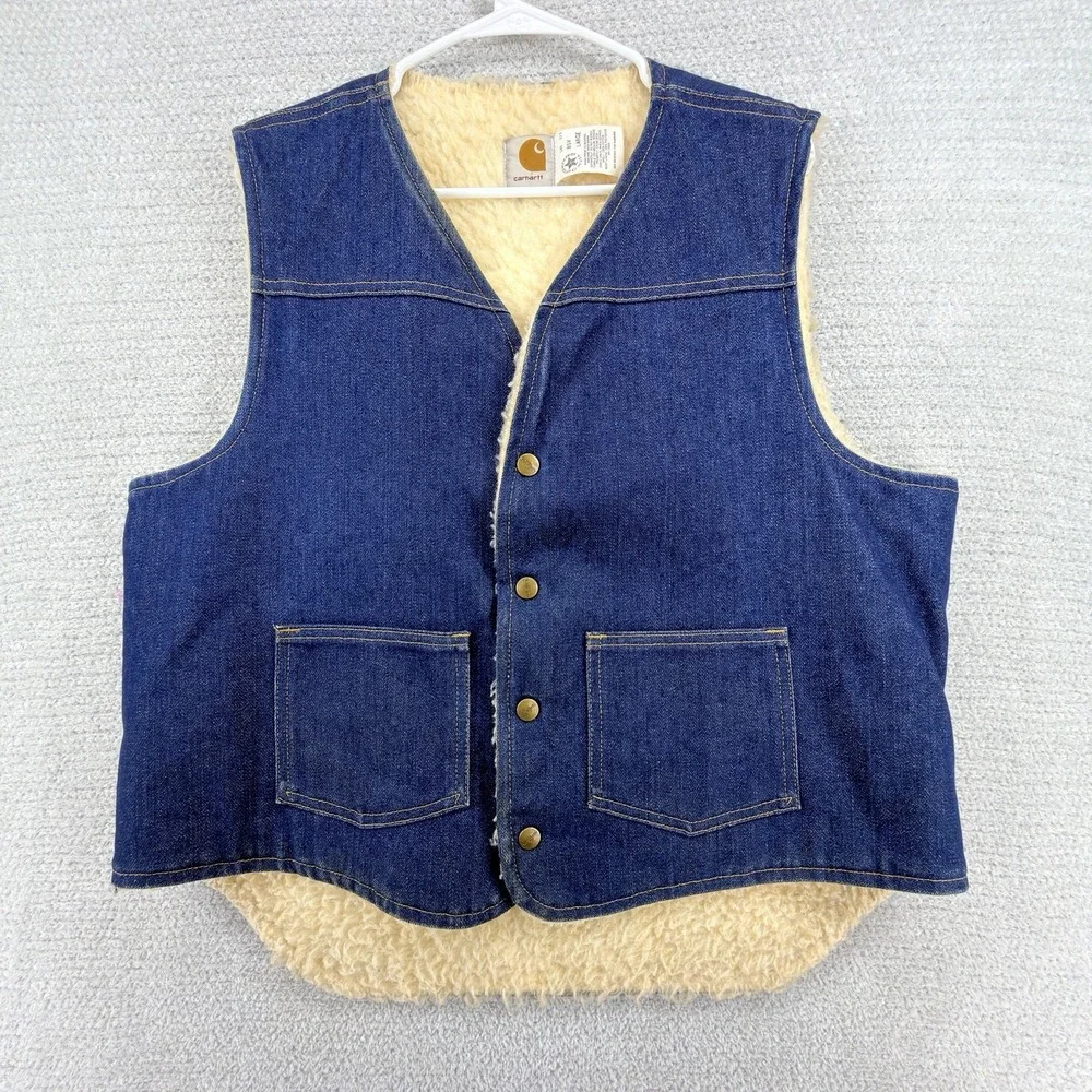 Vintage Carhartt 8SV Sherpa Lined Denim Vest USA Made Mens Large Workwear